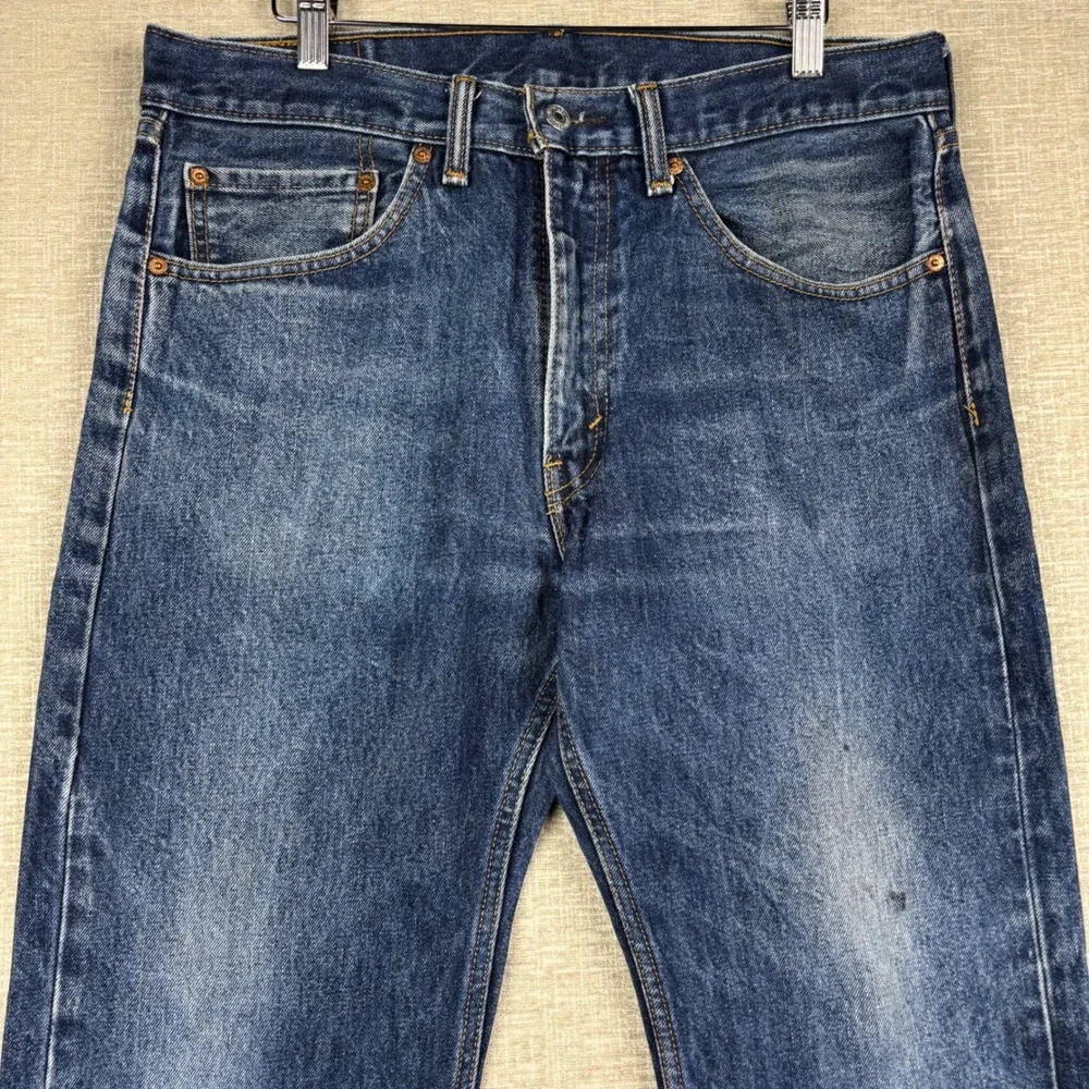 Levis 505 Mens 34x29 Jeans Medium Dark Washed Denim Grungy Low Knee Fading